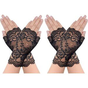 Women's 2 Pair Black Lace Fingerless Gloves Party Prom Costume Accessories